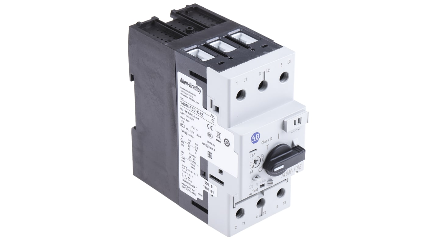 Interruttore automatico del motore Allen Bradley 140M-F8E-C32, corrente 23-32 A, montaggio su guida DIN, dimensioni 110x54x109.5 mm.
