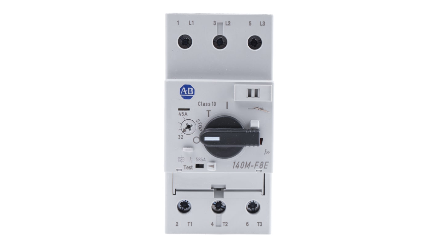 Interruttore automatico motore Allen Bradley 140M-F8E-C45, 32-45 A, montaggio su guida DIN, dimensioni 110x54x109.5 mm.