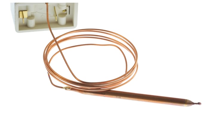 Termostato capillare Jumo, montaggio a pannello, temperatura da 0 a 200 °C, contatto SPST, portata 16A, reset automatico.