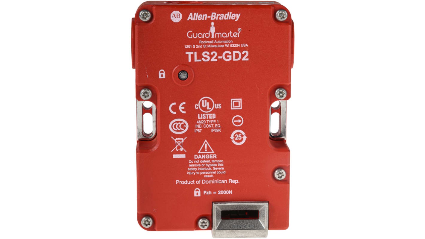 Interruttore di interblocco a solenoide Allen Bradley 440G-T27129, 230V, 2NC, 1NO, IP66/IP67/IP69K, dimensioni 86x126x33mm.