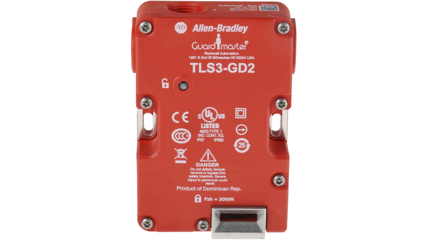 Interruttore di interblocco a solenoide Allen Bradley 440G-T27134, 24V, IP66/IP67/IP69K, 2NC+1NO, dimensioni 126x86x33mm.