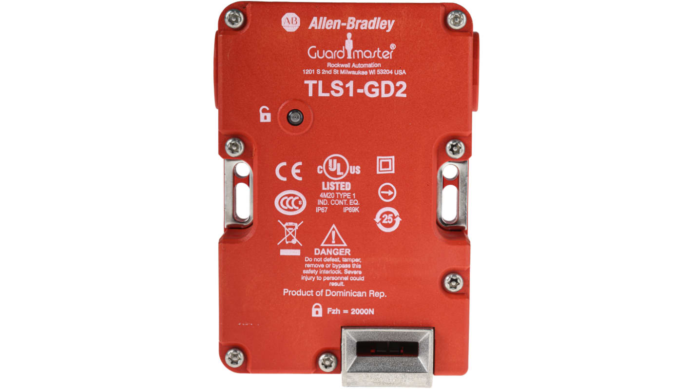 Interruttore di interblocco a solenoide Allen Bradley 440G-T27123, 230V, IP67, dimensioni 126x86x33mm, 2NC e 1 contatto NA.