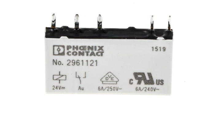 Relè di potenza Phoenix Contact 2961121, SPDT, 24V cc, montaggio su PCB, dimensioni 5 x 15 x 28mm, corrente 6A.