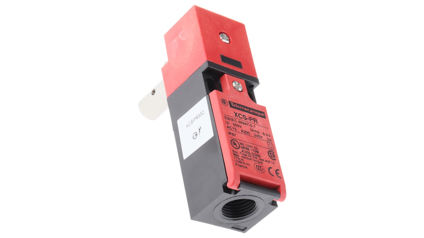 Interruttore di sicurezza a cerniera Telemecanique Sensors XCSPR552, configurazione NO/NC, corrente 6A, tensione 240V AC, lunghezza albero 30mm.