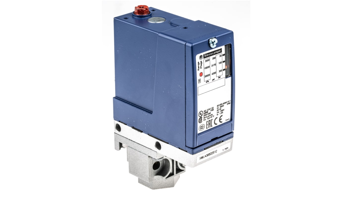 Sensore di pressione differenziale Telemecanique Sensors XMLA300D2S12, max 300 bar, uscita relè, dimensioni 75 x 35 x 113 mm.