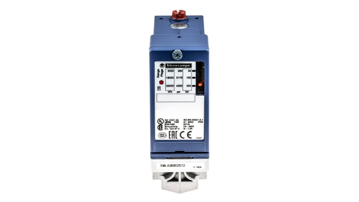 Sensore di pressione differenziale Telemecanique Sensors XMLA300D2S12, max 300 bar, uscita relè, dimensioni 75 x 35 x 113 mm.