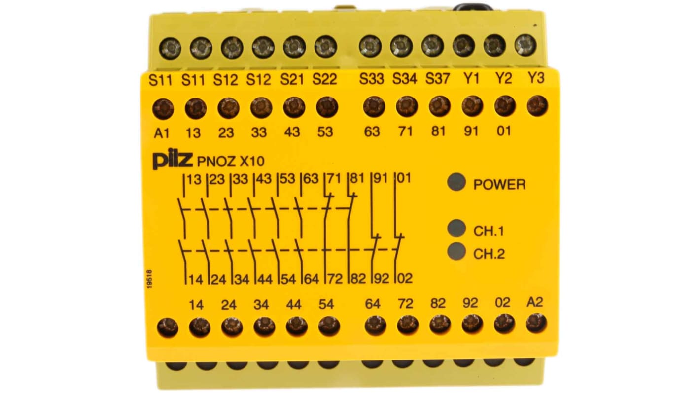 Relè di sicurezza Pilz PNOZ X10, 24V cc, 1 o 2 canali, 6 contatti N/O, montaggio su binario DIN, dimensioni 90x121x87mm.
