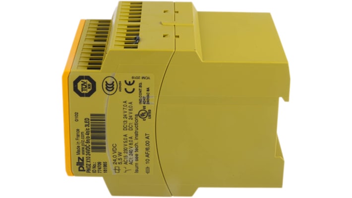 Relè di sicurezza Pilz PNOZ X10, 24V cc, 1 o 2 canali, 6 contatti N/O, montaggio su binario DIN, dimensioni 90x121x87mm.