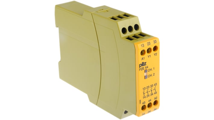 Pilz 774585, modulo di espansione per relè di sicurezza, 24V cc, 4 contatti N/O, montaggio su binario DIN, larghezza 22,5mm.