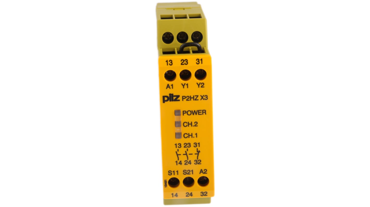 Pilz 774350, relè di sicurezza P2HZ X3, 24V cc, 2 canali, montaggio su binario DIN, larghezza 22,5mm, conforme EN60204-1.