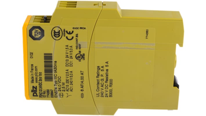 Pilz 774350, relè di sicurezza P2HZ X3, 24V cc, 2 canali, montaggio su binario DIN, larghezza 22,5mm, conforme EN60204-1.