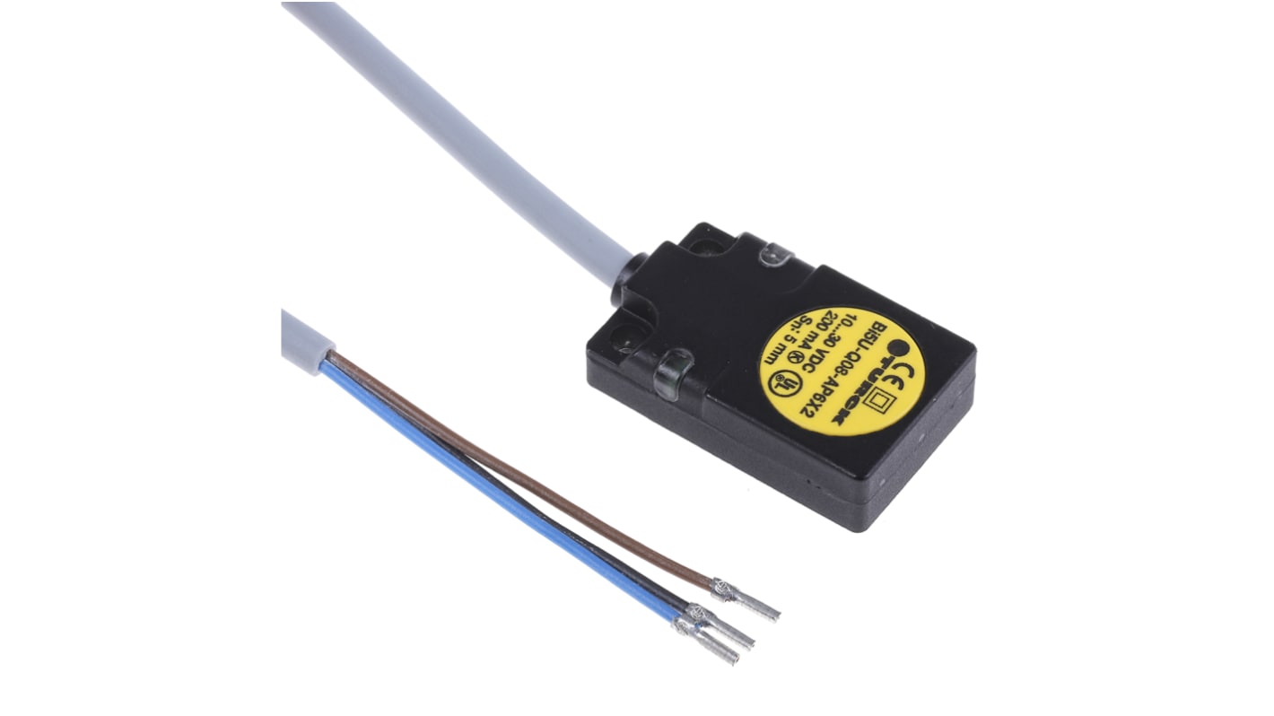 Sensore di prossimità PNP Turck BI5U-Q08-AP6X2, induttivo, 5 mm, IP67, montaggio a filo, dimensioni 32 x 20 x 8 mm.