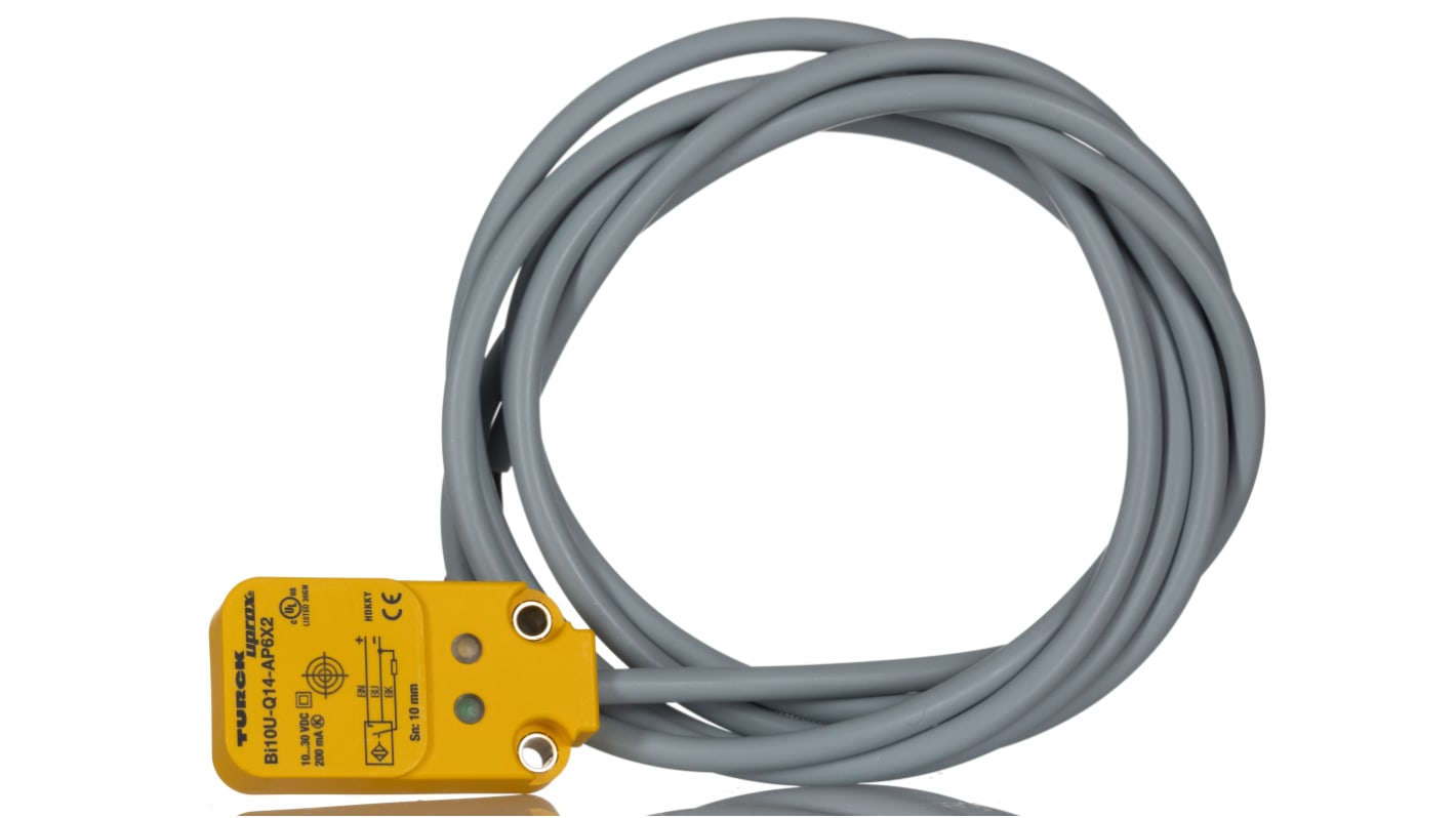 Sensore di prossimità induttivo PNP Turck BI10U-Q14-AP6X2, rilevamento 10 mm, grado di protezione IP67, dimensioni 55.5x30x14 mm.