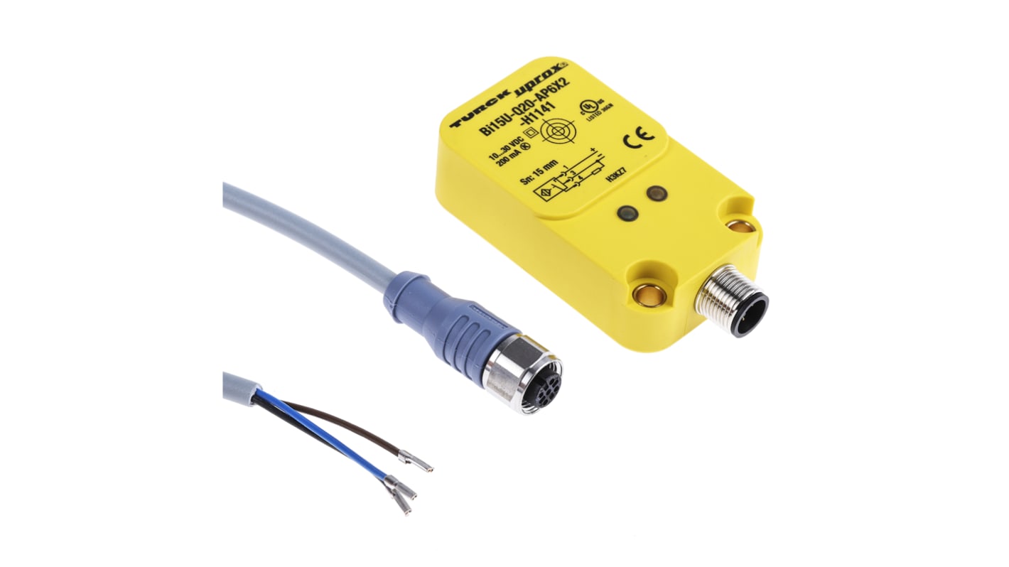 Sensore di prossimità PNP Turck Bi15U-Q20-AP6X2-H1141, rilevamento 15 mm, grado di protezione IP67, cavo 2 m.