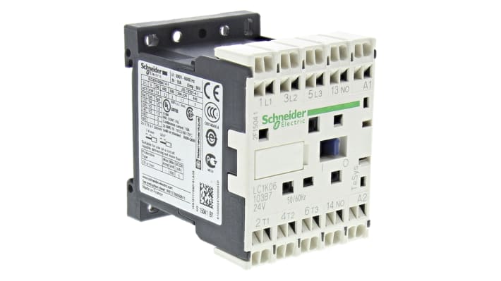 Contattore tripolare Schneider Electric LC1K06103B7, 3 poli, 3 contatti NA, montaggio su guida DIN, dimensioni 58x45x57 mm.