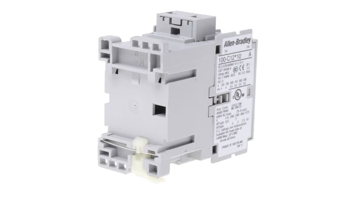 Contattore Allen Bradley 100-C12KF10, 3 poli, 5,5 kW, 12 A, 230V c.a. per il controllo di motori industriali. Alta efficienza e affidabilità.
