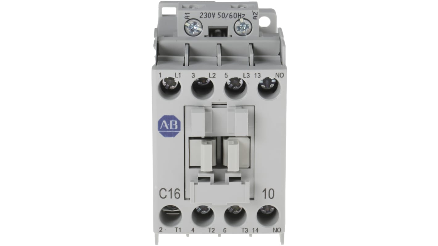 Contattore Allen Bradley 100-C16KF10, 3 poli, 16 A, 230 V c.a., 1 contatto ausiliario NA, dimensioni 45x81x86,5 mm.