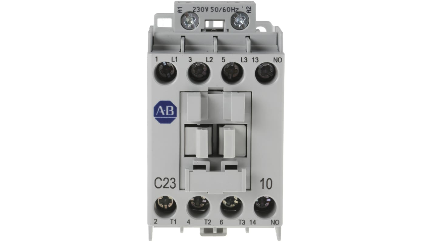Contattore Allen Bradley 100-C23KF10, 3 poli, 23A, 11 kW, 230V c.a. per motori e illuminazione. Alta affidabilità e conformità RoHS.