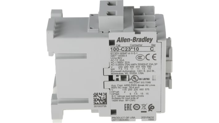 Contattore Allen Bradley 100-C23KF10, 3 poli, 23A, 11 kW, 230V c.a. per motori e illuminazione. Alta affidabilità e conformità RoHS.