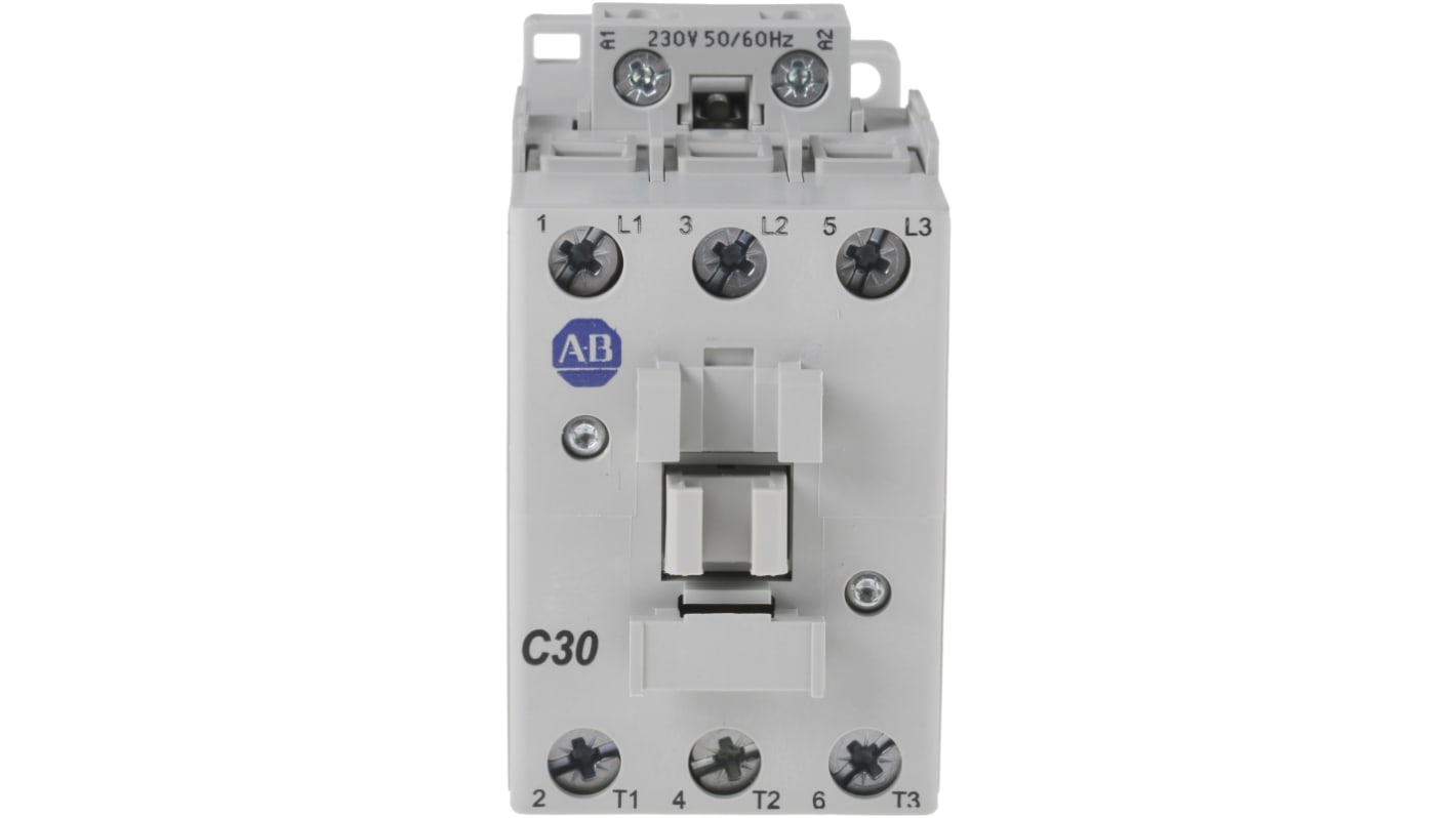 Contattore Allen Bradley 100-C30KF00, 3 poli, 30 A, 230 V c.a., dimensioni 81x45x86.5 mm, grado di protezione IP2X.