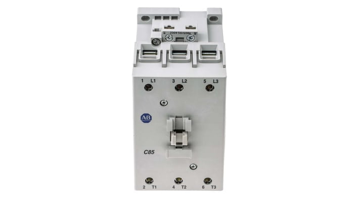 Contattore Allen Bradley 100-C85KF00, 3 poli, 85A, 45kW, 230V c.a. Serie 100-C per motori moderni. Affidabile e conforme a standard internazionali.