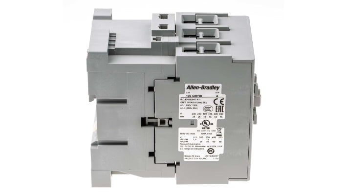 Contattore Allen Bradley 100-C85KF00, 3 poli, 85A, 45kW, 230V c.a. Serie 100-C per motori moderni. Affidabile e conforme a standard internazionali.