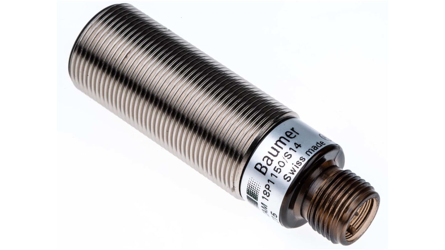 Sensore fotoelettrico cilindrico Baumer FZAM 18P1150/S14, rilevamento 60-430 mm, uscita PNP, grado di protezione IP65.