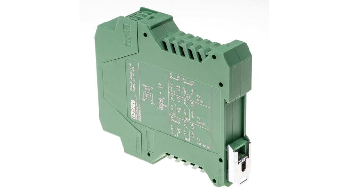 Condizionatore di segnale Phoenix Contact 2744458, interfaccia RS232-RS422/RS485, montaggio su guida DIN, dimensioni 22,5 x 99 x 118,6 mm.