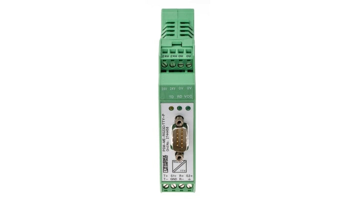 Condizionatore di segnale Phoenix Contact 2744458, interfaccia RS232-RS422/RS485, montaggio su guida DIN, dimensioni 22,5 x 99 x 118,6 mm.