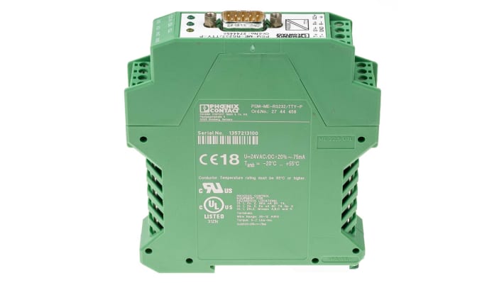 Condizionatore di segnale Phoenix Contact 2744458, interfaccia RS232-RS422/RS485, montaggio su guida DIN, dimensioni 22,5 x 99 x 118,6 mm.