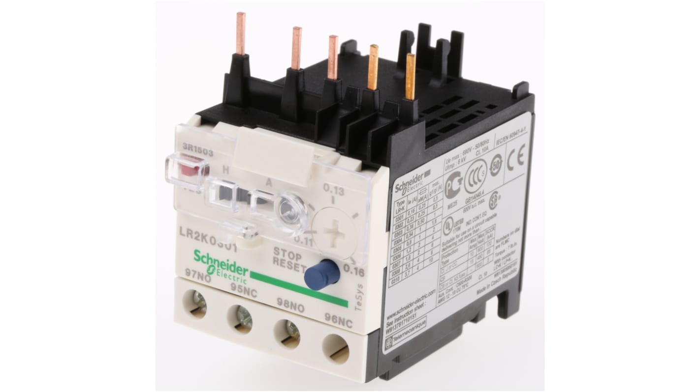 Relè di sovraccarico termico Schneider Electric LR2K0301, 1 NO + 1 NC, montaggio diretto, dimensioni 116x65x45 mm, FLC 0,11-0,16 A.