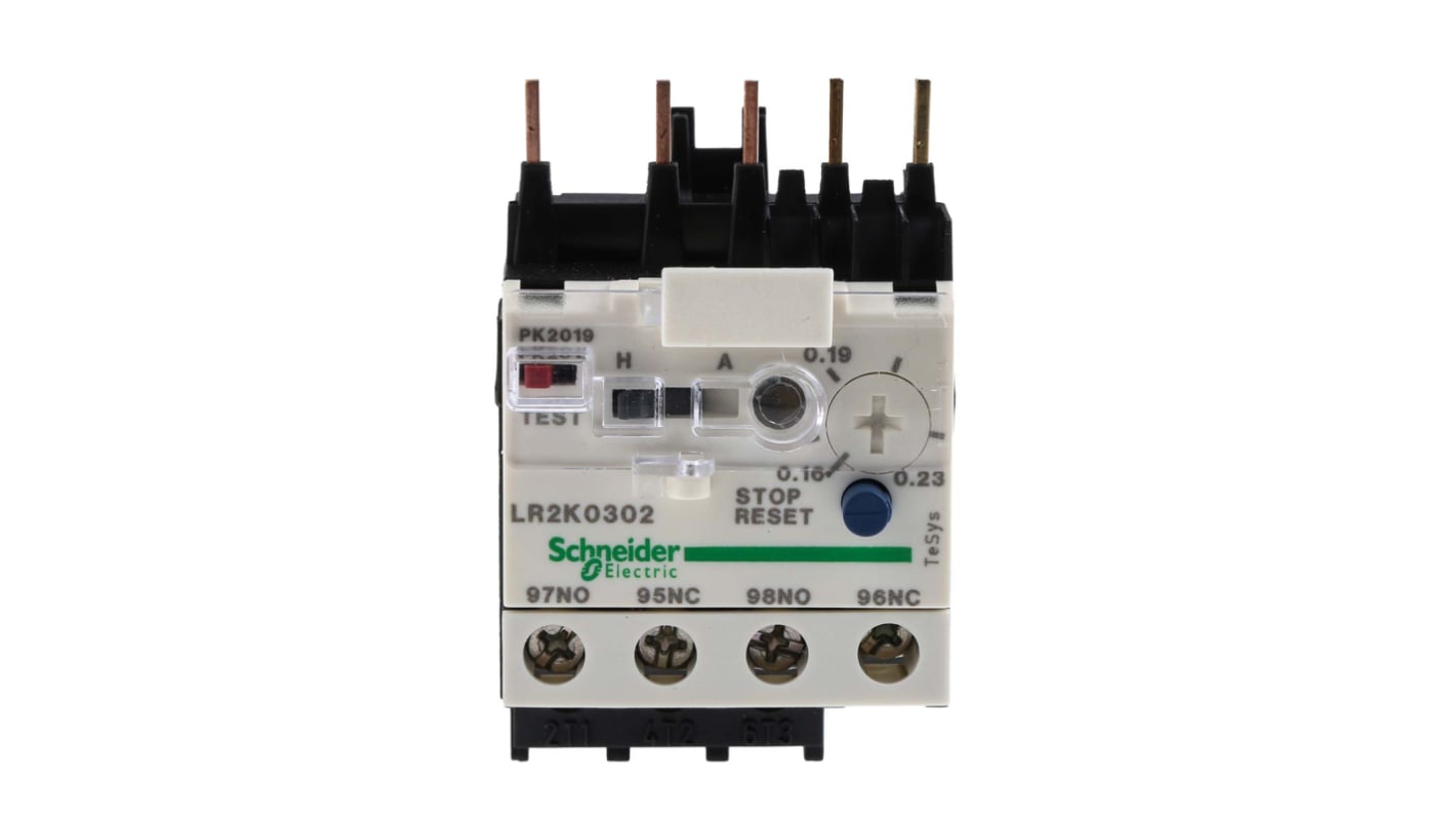 Relè di sovraccarico termico Schneider Electric LR2K0302, regolabile da 0,16 → 0,23 A, 3P, 1 NO + 1 NC, reset manuale/automatico. Ideale per proteggere motori.