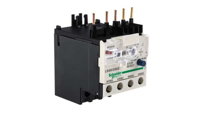 Relè di sovraccarico termico Schneider Electric LR2K0302, regolabile da 0,16 → 0,23 A, 3P, 1 NO + 1 NC, reset manuale/automatico. Ideale per proteggere motori.