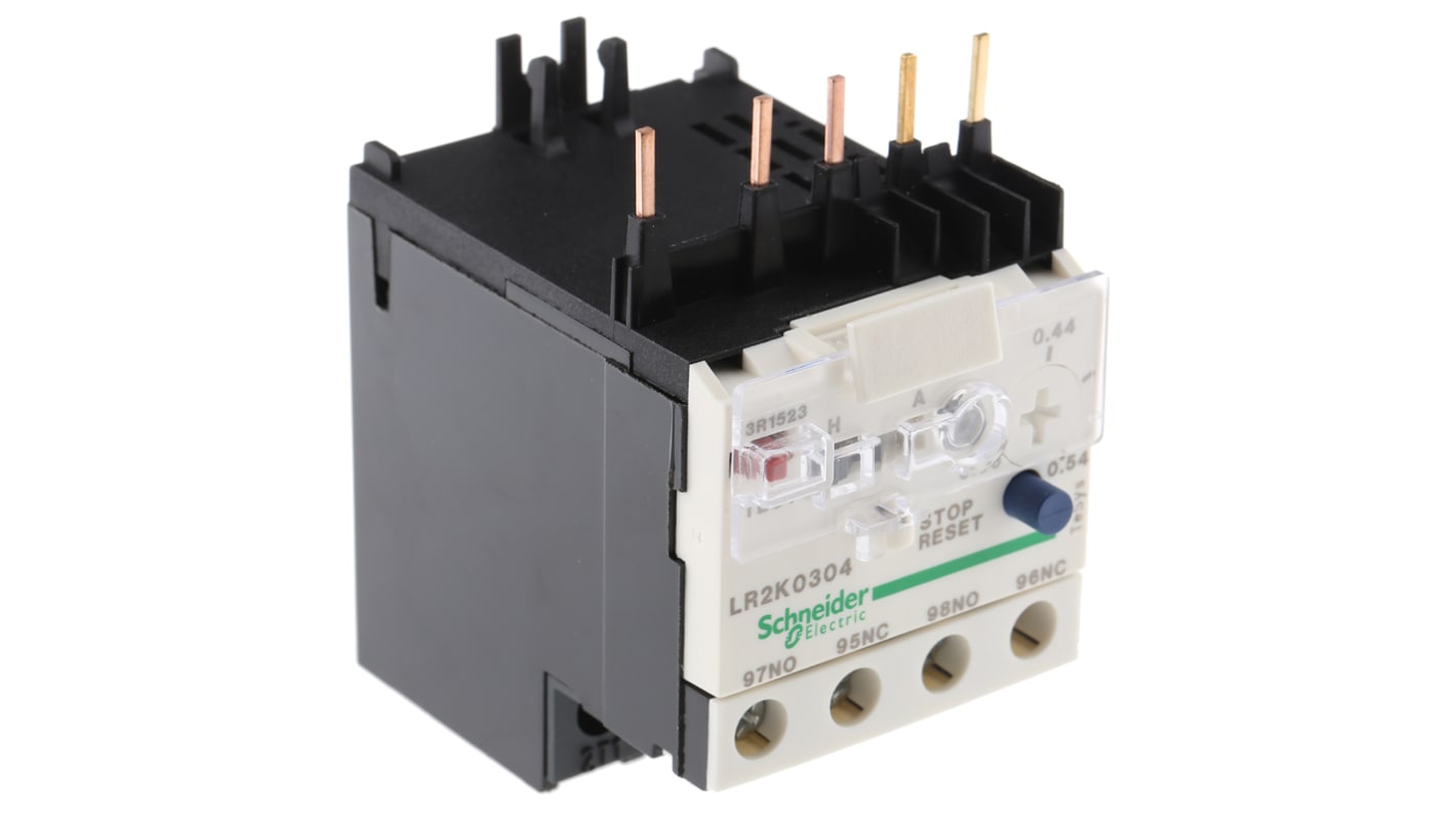 Relè di sovraccarico termico Schneider Electric LR2K0304, 1 NO + 1 NC, montaggio diretto, dimensioni 45x65x116 mm.