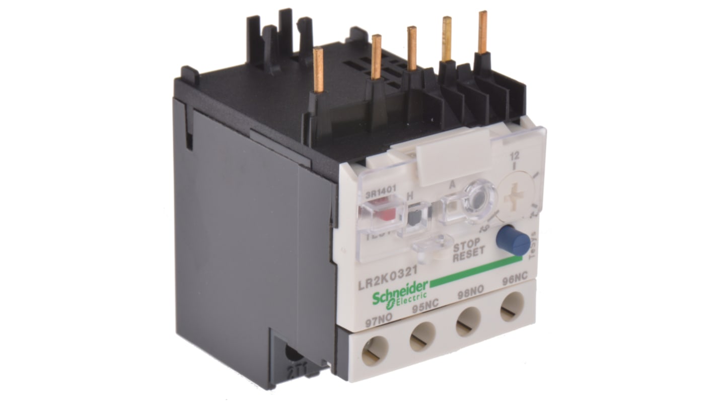 Relè di sovraccarico termico Schneider Electric LR2K0321, 1 NO + 1 NC, montaggio diretto, dimensioni 45x116x65 mm.