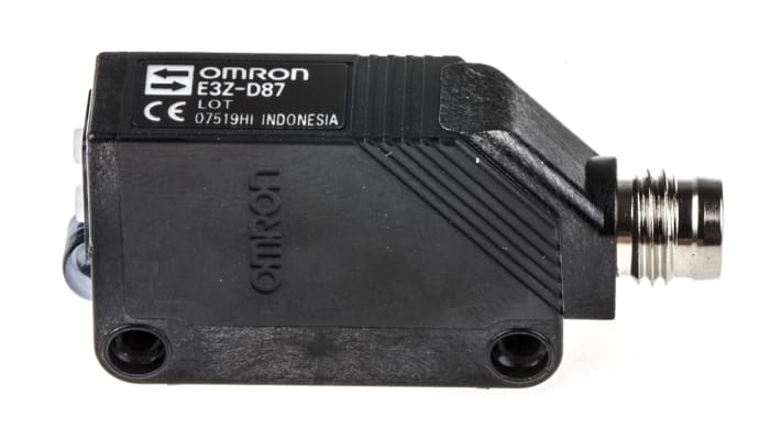 Omron E3Z-D87, sensore fotoelettrico rettangolare a scansione diffusa, rilevamento fino a 1 m, uscita PNP, connettore M8.