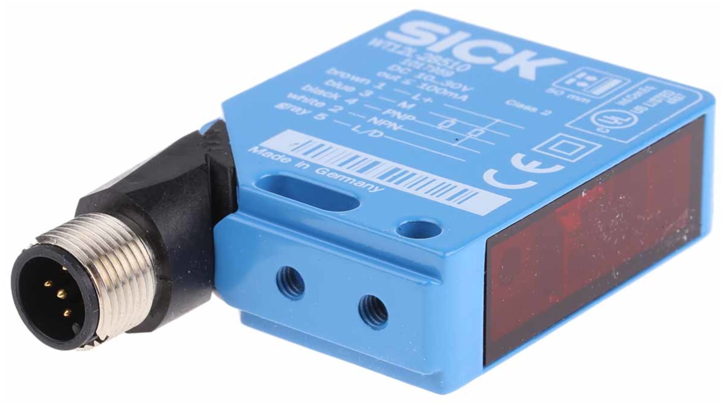Sensore fotoelettrico rettangolare Sick WT12L-2B510, rilevamento da 20 mm a 50 mm, uscita PNP, connettore M12 a 5 pin.