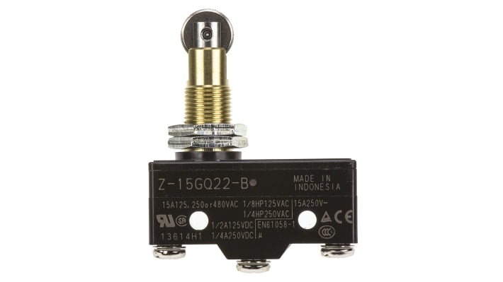 Interruttore di fine corsa Omron Z-15GQ22B, attuatore stantuffo SPDT, contatti NO/NC, dimensioni 58.9mm x 49.2mm x 17.45mm.