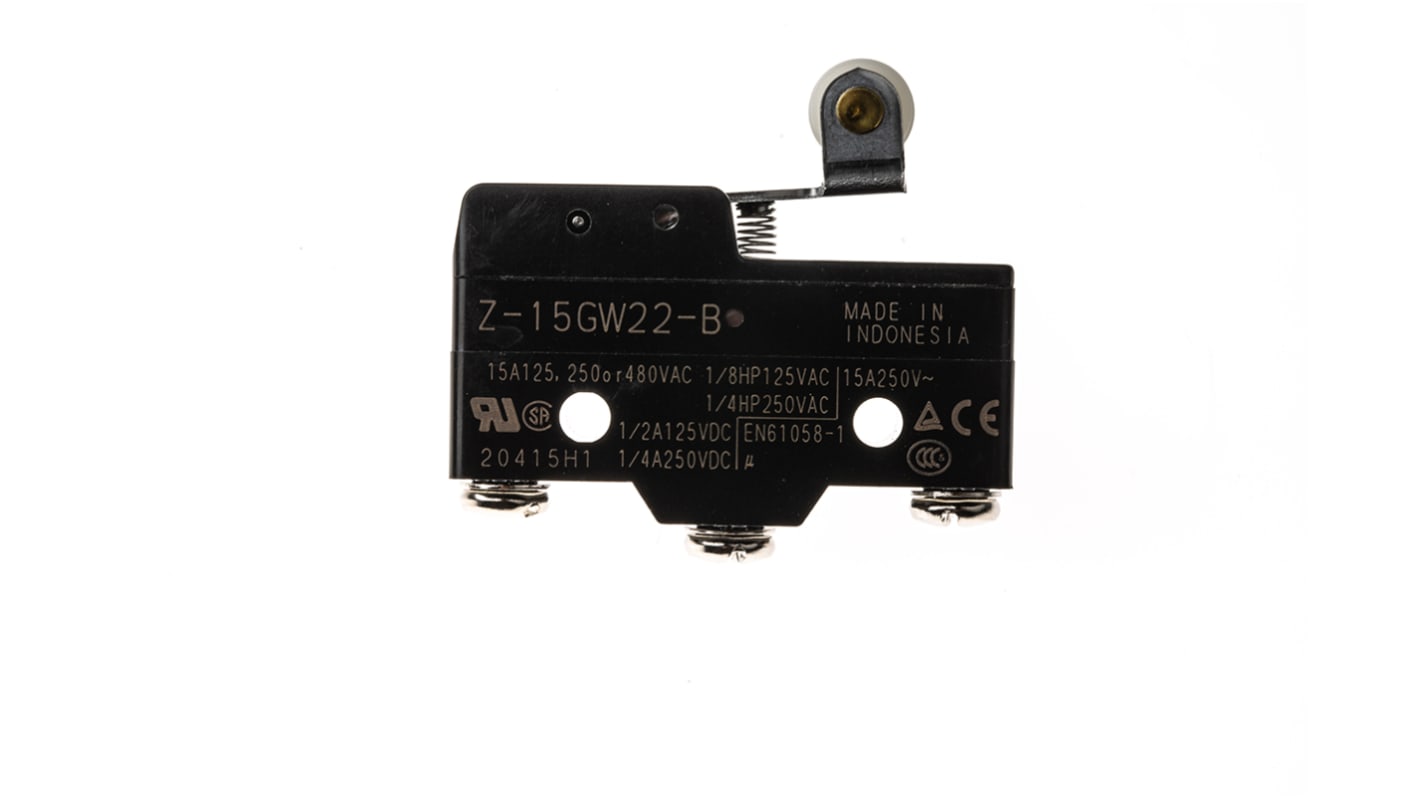 Interruttore di fine corsa Omron Z-15GW22-B, leva a rullo SPDT, contatti NO/NC, dimensioni 39.4mm x 49.2mm x 17.45mm.