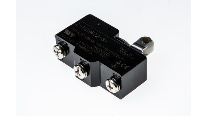 Interruttore di fine corsa Omron Z-15GW22-B, leva a rullo SPDT, contatti NO/NC, dimensioni 39.4mm x 49.2mm x 17.45mm.