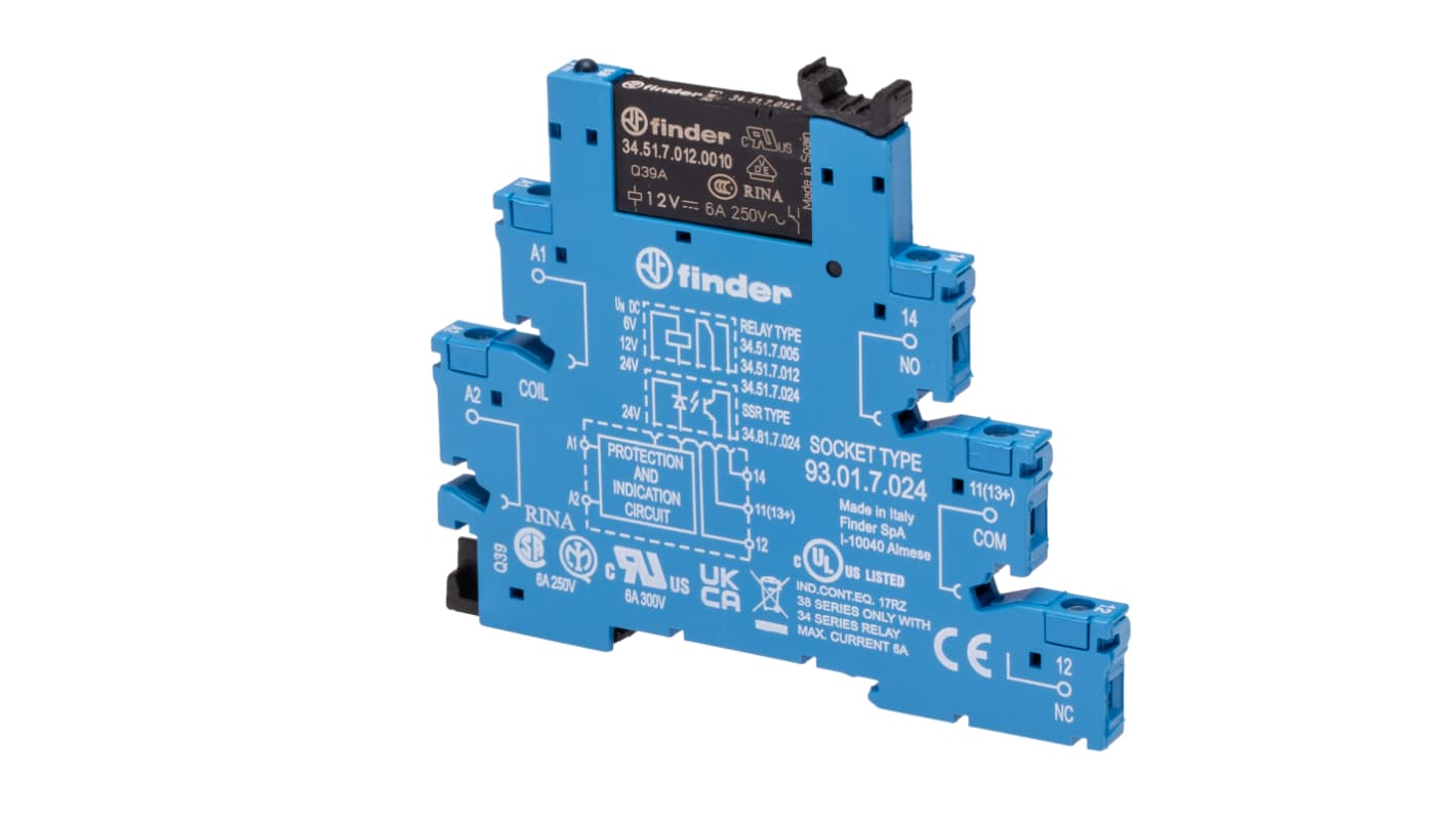 Finder 38.51.7.012.0050, modulo relè d'interfaccia SPDT per guida DIN, bobina 12V cc, dimensioni 6.2 x 75.6 x 87.9 mm.