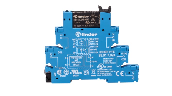Finder 38.51.7.012.0050, modulo relè d'interfaccia SPDT per guida DIN, bobina 12V cc, dimensioni 6.2 x 75.6 x 87.9 mm.