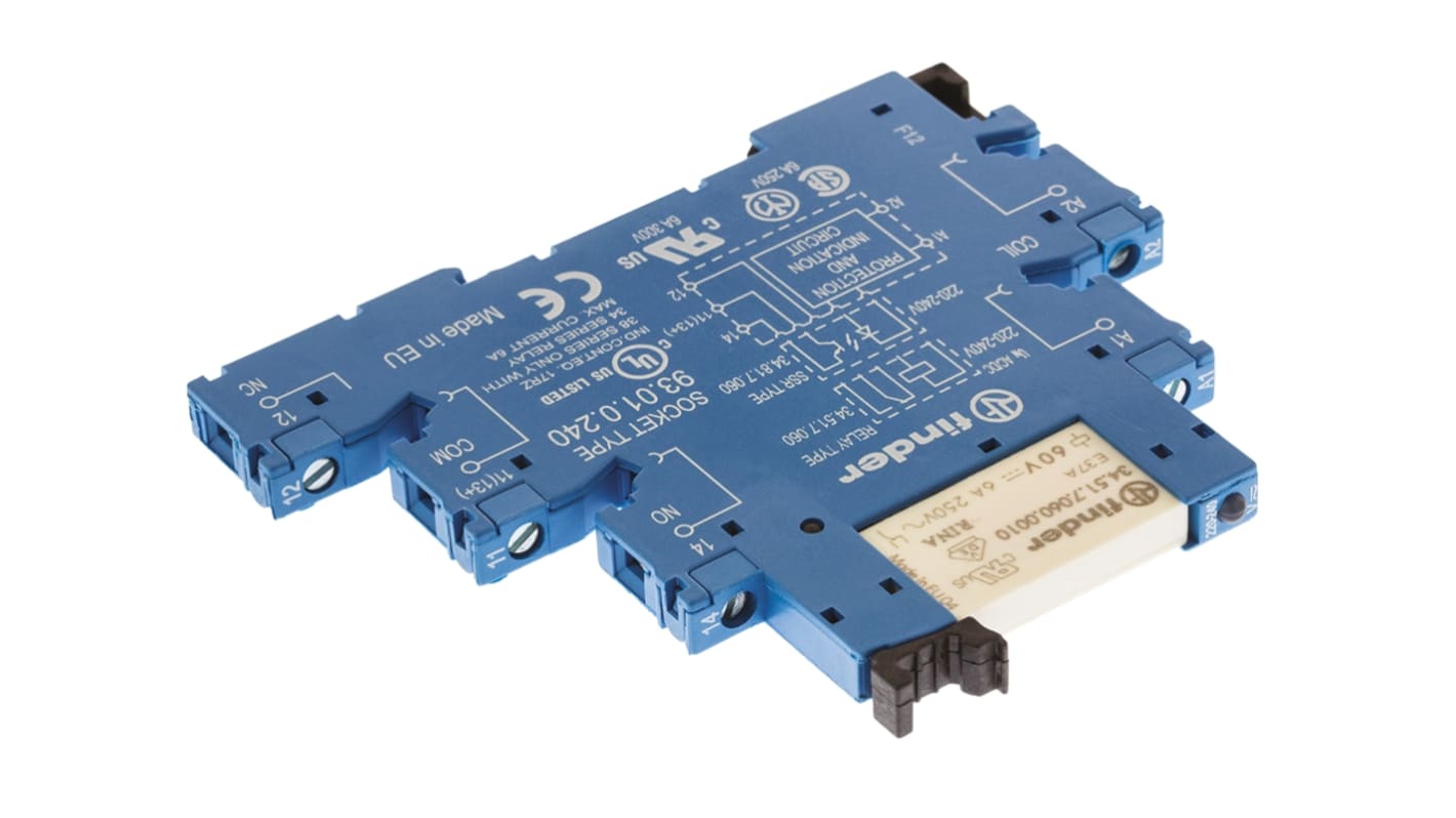 Finder 38.51.0.240.0060, relè d'interfaccia SPDT per guida DIN, tensione 230V, corrente 6A, dimensioni 6.2 x 75.6 x 87.9 mm.