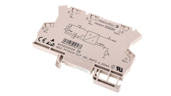 Condizionatore di segnale Weidmüller ACT20X, montaggio su guida DIN, trasduttore PT100, uscita 4-20 mA, dimensioni 91 x 63,2 x 6 mm.