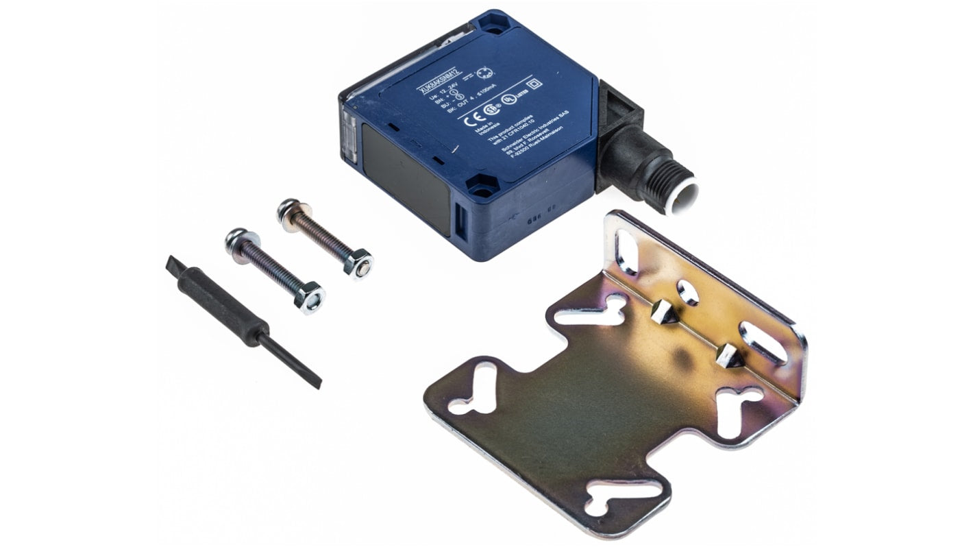 Sensore fotoelettrico compatto Telemecanique Sensors XUK8AKSNM12 con rilevamento fino a 30 m e uscita NPN/PNP. Ideale per applicazioni industriali.