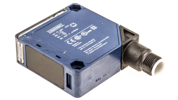 Sensore fotoelettrico compatto Telemecanique Sensors XUK8AKSNM12 con rilevamento fino a 30 m e uscita NPN/PNP. Ideale per applicazioni industriali.