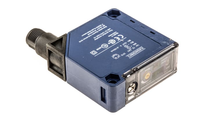 Sensore fotoelettrico compatto Telemecanique Sensors XUK8AKSNM12 con rilevamento fino a 30 m e uscita NPN/PNP. Ideale per applicazioni industriali.