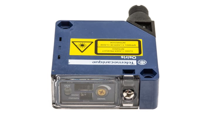 Sensore fotoelettrico compatto Telemecanique Sensors XUK8AKSNM12 con rilevamento fino a 30 m e uscita NPN/PNP. Ideale per applicazioni industriali.