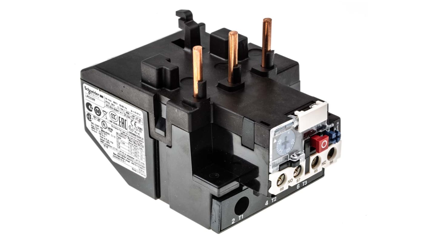 Relè di sovraccarico termico Schneider Electric LRD3359, tripolare, 65 A, montaggio su contattori o guida DIN, dimensioni 236x123x55 mm.