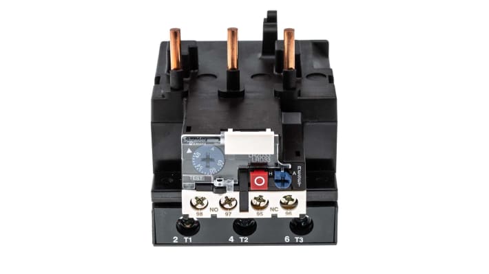 Relè di sovraccarico termico Schneider Electric LRD3359, tripolare, 65 A, montaggio su contattori o guida DIN, dimensioni 236x123x55 mm.